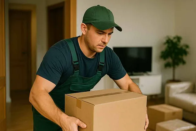 Mitarbeiter tragen Kartons in Wohnung