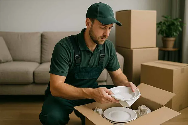 Ein Mitarbeiter verpackt Geschirr in Kartons